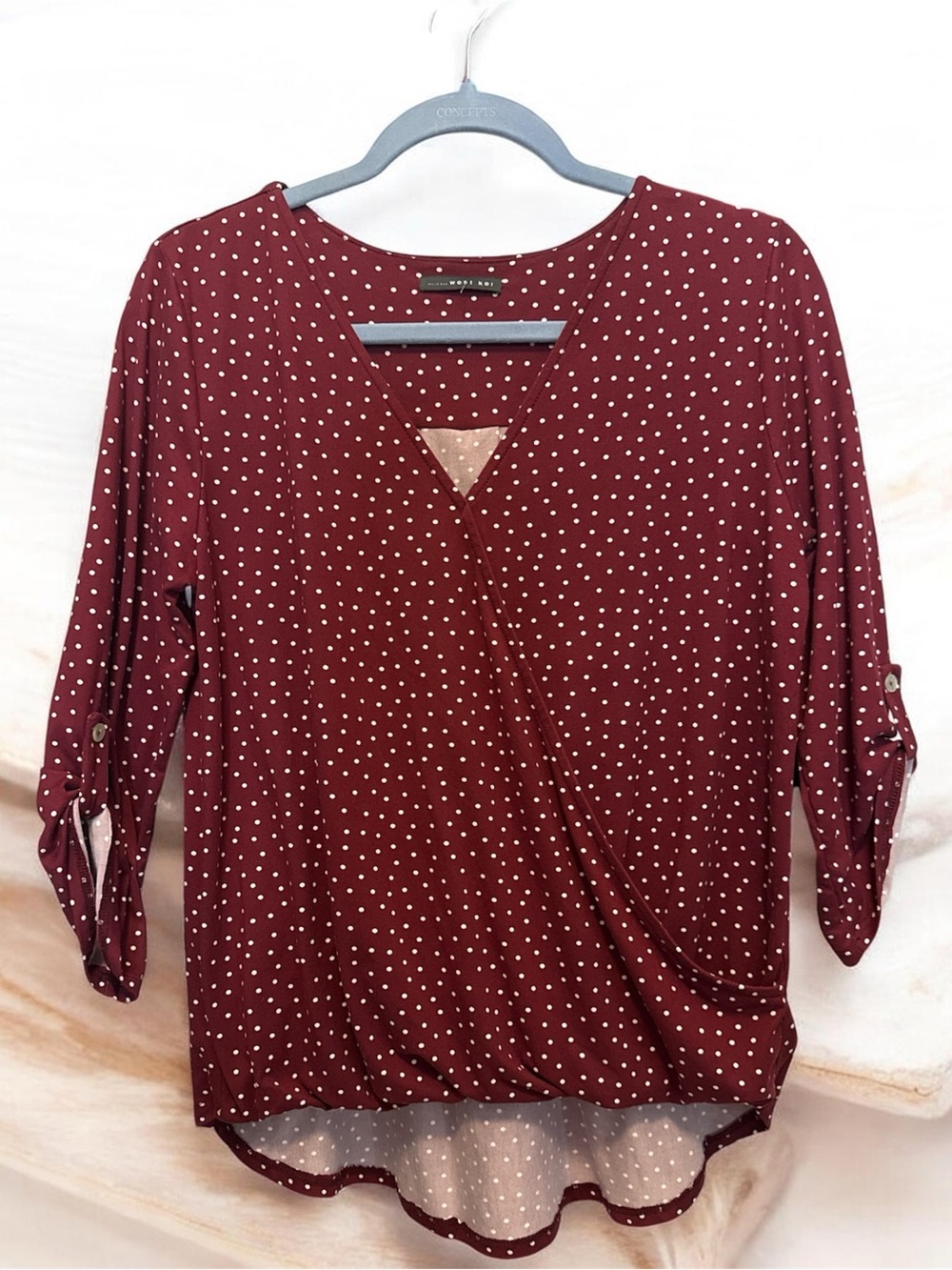 West Kei Burgundy Polka Dot Surplice Blouse